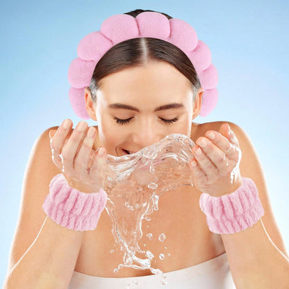 1pc Face Wash Headband/ 2pcs Face Wash Wristbands/ 3sets Spa Headbands, Makeup Headbands, Face Wash Headbands, Skincare Headbands, Pink Plush Plush Sponge Headbands, Bows, Bubbles, Women And Girls H