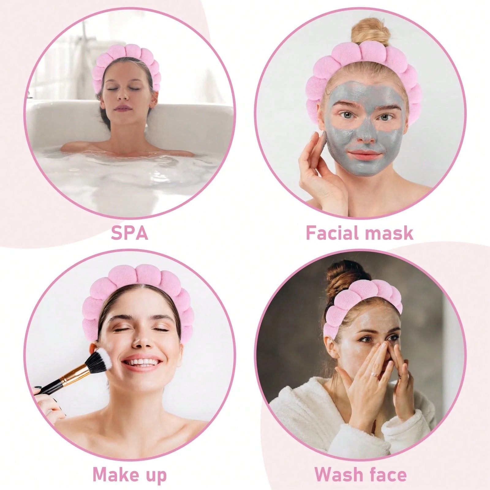 1pc Face Wash Headband/ 2pcs Face Wash Wristbands/ 3sets Spa Headbands, Makeup Headbands, Face Wash Headbands, Skincare Headbands, Pink Plush Plush Sponge Headbands, Bows, Bubbles, Women And Girls H