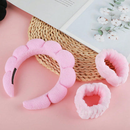 1pc Face Wash Headband/ 2pcs Face Wash Wristbands/ 3sets Spa Headbands, Makeup Headbands, Face Wash Headbands, Skincare Headbands, Pink Plush Plush Sponge Headbands, Bows, Bubbles, Women And Girls H