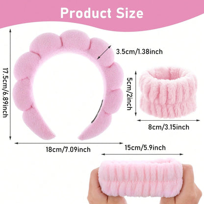 1pc Face Wash Headband/ 2pcs Face Wash Wristbands/ 3sets Spa Headbands, Makeup Headbands, Face Wash Headbands, Skincare Headbands, Pink Plush Plush Sponge Headbands, Bows, Bubbles, Women And Girls H