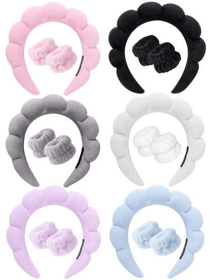 1pc Face Wash Headband/ 2pcs Face Wash Wristbands/ 3sets Spa Headbands, Makeup Headbands, Face Wash Headbands, Skincare Headbands, Pink Plush Plush Sponge Headbands, Bows, Bubbles, Women And Girls H