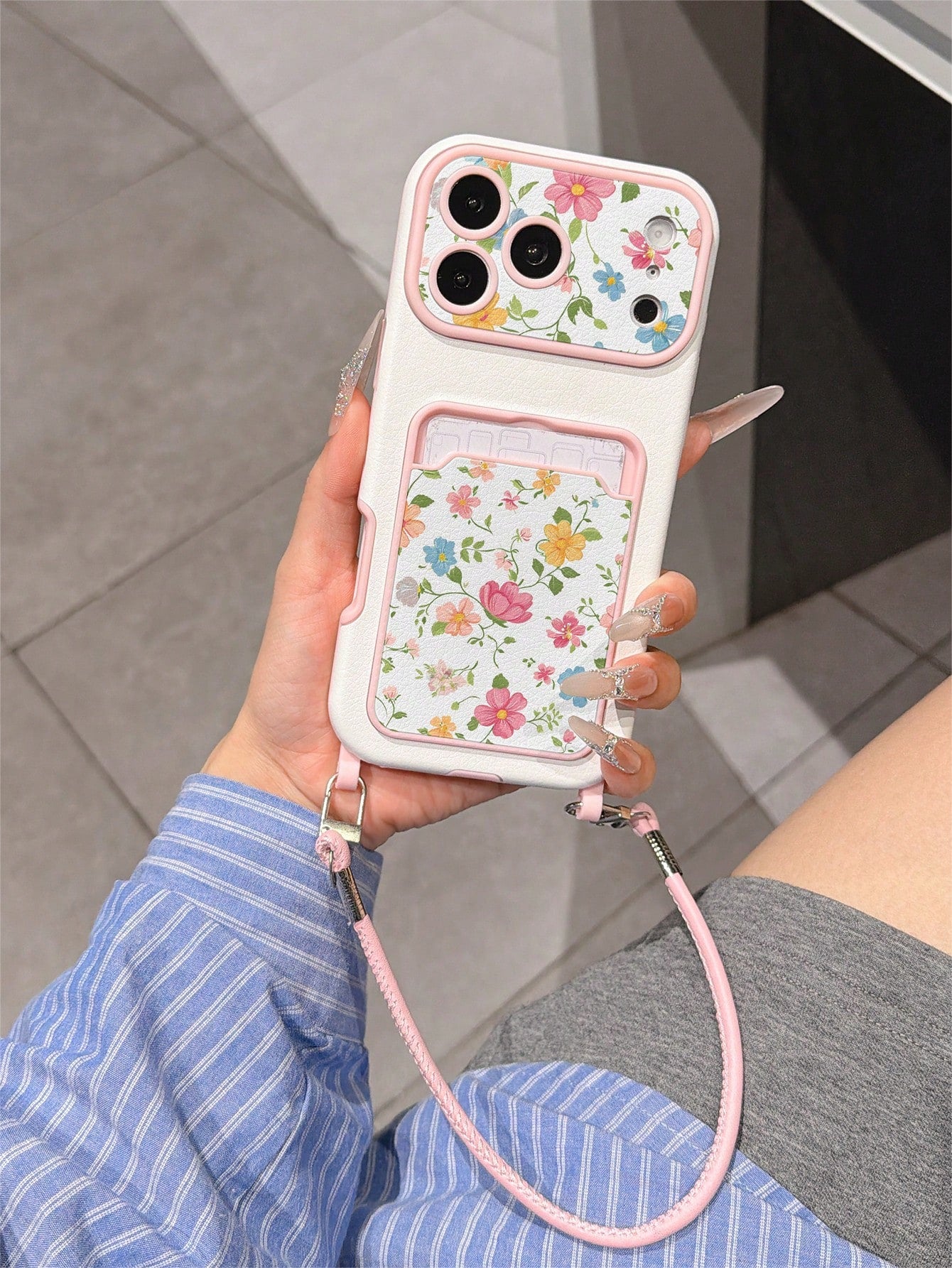 1pc Fashion Full Screen Pink Floral & Green Leaf Pattern Painted Leather Phone Case, Fashion Card Holder Lanyard TPU Material Anti-Drop Protective Phone Case, Suitable As Holiday Gift Compatible With