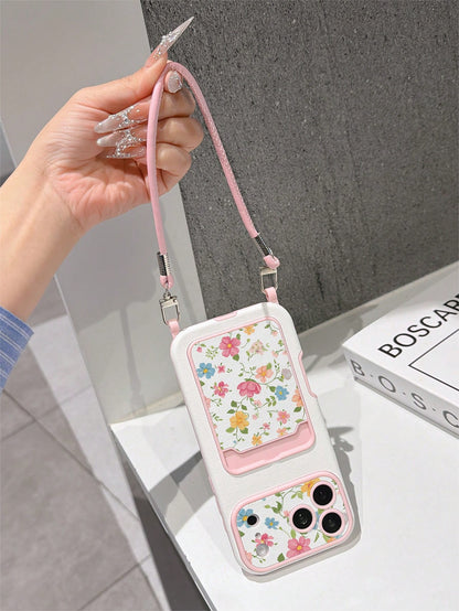 1pc Fashion Full Screen Pink Floral & Green Leaf Pattern Painted Leather Phone Case, Fashion Card Holder Lanyard TPU Material Anti-Drop Protective Phone Case, Suitable As Holiday Gift Compatible With