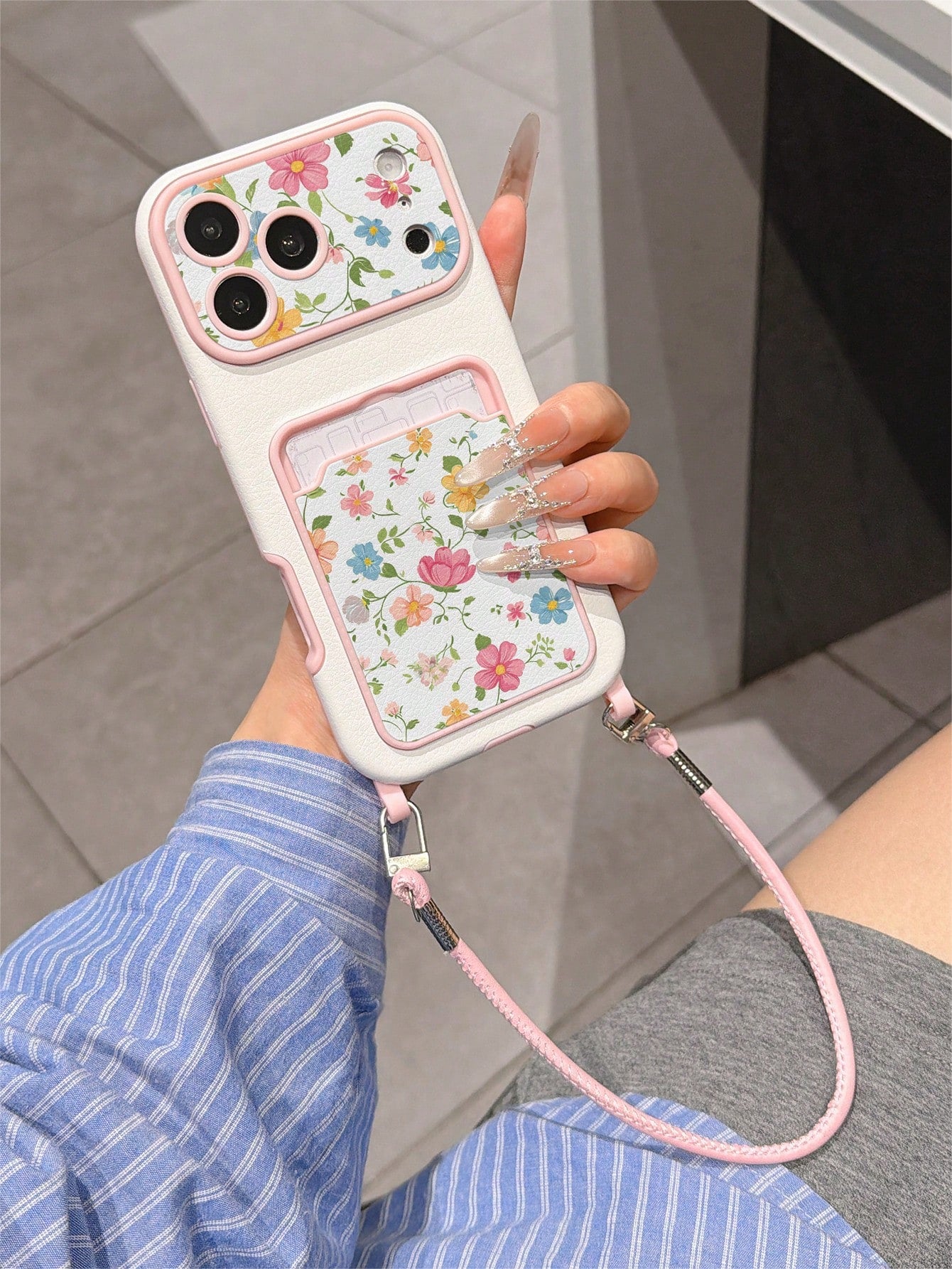1pc Fashion Full Screen Pink Floral & Green Leaf Pattern Painted Leather Phone Case, Fashion Card Holder Lanyard TPU Material Anti-Drop Protective Phone Case, Suitable As Holiday Gift Compatible With