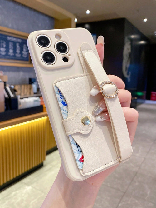 1pc Fashionable Card Holder Wrist Strap Card Case + Pink Straight Edge Anti-Drop Anti-Shock Full Camera Protection Phone Case, High Fashion, Suitable For Men And Women, Ideal Choice For Fashion Enthus