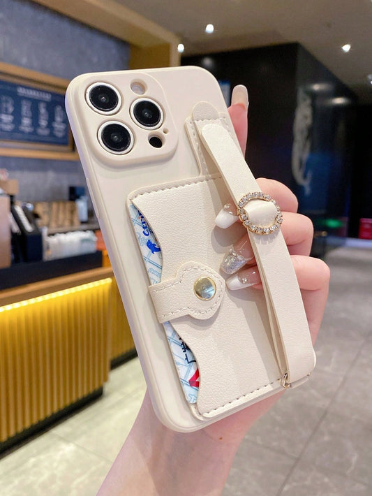 1pc Fashionable Card Holder Wrist Strap Card Case + Pink Straight Edge Anti-Drop Anti-Shock Full Camera Protection Phone Case, High Fashion, Suitable For Men And Women, Ideal Choice For Fashion Enthus
