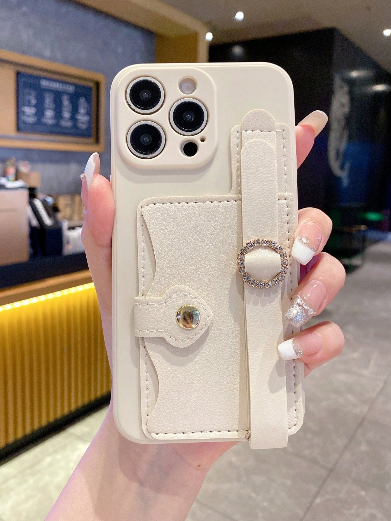 1pc Fashionable Card Holder Wrist Strap Card Case + Pink Straight Edge Anti-Drop Anti-Shock Full Camera Protection Phone Case, High Fashion, Suitable For Men And Women, Ideal Choice For Fashion Enthus
