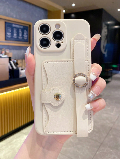 1pc Fashionable Card Holder Wrist Strap Card Case + Pink Straight Edge Anti-Drop Anti-Shock Full Camera Protection Phone Case, High Fashion, Suitable For Men And Women, Ideal Choice For Fashion Enthus
