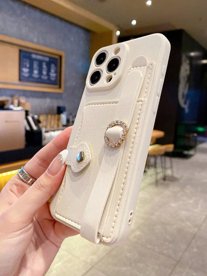 1pc Fashionable Card Holder Wrist Strap Card Case + Pink Straight Edge Anti-Drop Anti-Shock Full Camera Protection Phone Case, High Fashion, Suitable For Men And Women, Ideal Choice For Fashion Enthus