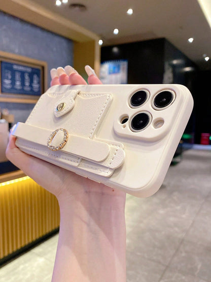 1pc Fashionable Card Holder Wrist Strap Card Case + Pink Straight Edge Anti-Drop Anti-Shock Full Camera Protection Phone Case, High Fashion, Suitable For Men And Women, Ideal Choice For Fashion Enthus
