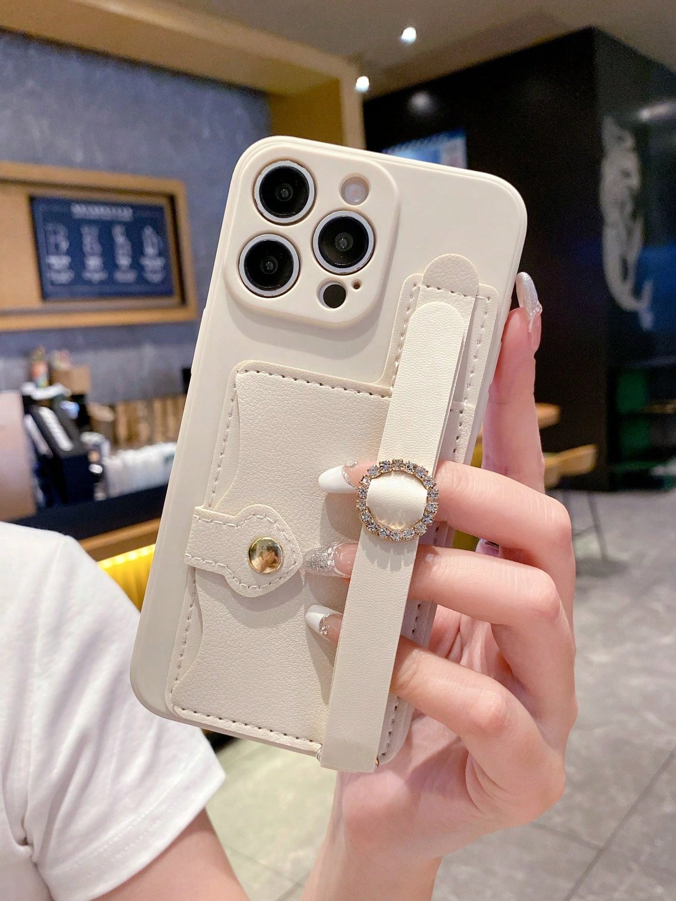 1pc Fashionable Card Holder Wrist Strap Card Case + Pink Straight Edge Anti-Drop Anti-Shock Full Camera Protection Phone Case, High Fashion, Suitable For Men And Women, Ideal Choice For Fashion Enthus