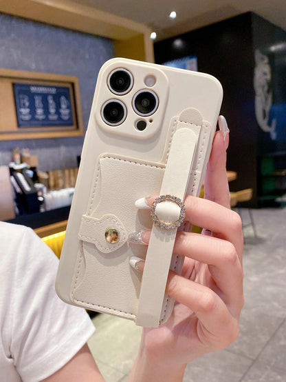 1pc Fashionable Card Holder Wrist Strap Card Case + Pink Straight Edge Anti-Drop Anti-Shock Full Camera Protection Phone Case, High Fashion, Suitable For Men And Women, Ideal Choice For Fashion Enthus