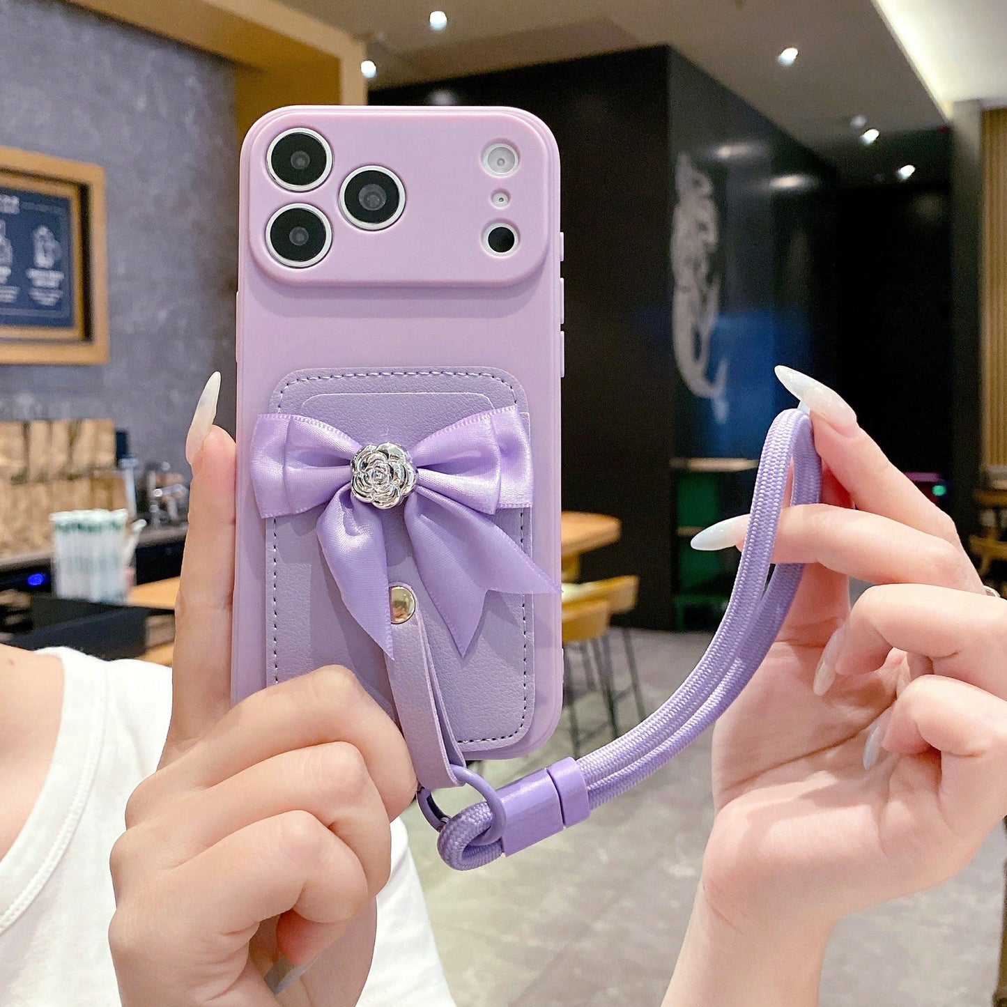 1pc Fashionable Card Holder Wrist Strap Card Case + Pink Straight Edge Anti-Drop Anti-Shock Full Camera Protection Phone Case, High Fashion, Suitable For Men And Women, Ideal Choice For Fashion Enthus