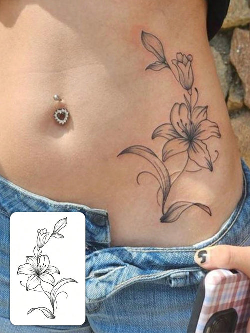 1pc Fashionable Waterproof Lily Flower Line Tattoo Sticker, Side Waist Fresh Floral Vine Pattern Fake Temporary Tattoo Suitable For People,Sketch Style