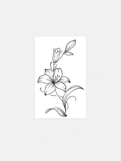 1pc Fashionable Waterproof Lily Flower Line Tattoo Sticker, Side Waist Fresh Floral Vine Pattern Fake Temporary Tattoo Suitable For People,Sketch Style