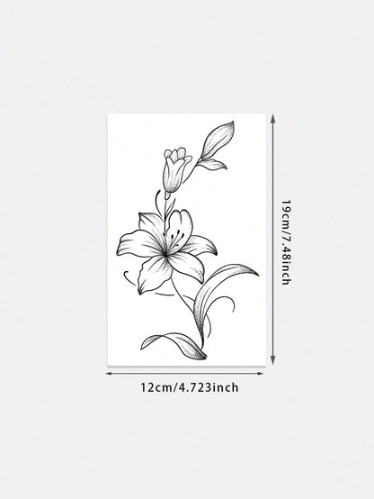 1pc Fashionable Waterproof Lily Flower Line Tattoo Sticker, Side Waist Fresh Floral Vine Pattern Fake Temporary Tattoo Suitable For People,Sketch Style