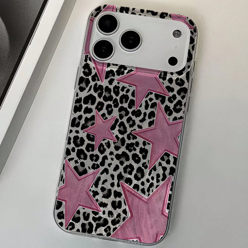 1pc Feather Shell IMD Lens Protection Anti-Drop Black & Pink Leopard Star Pattern Personalized Phone Case Compatible With IPhone 16 Pro Max, 17/16/15/14 Plus/13/12/11, Also Fits Series