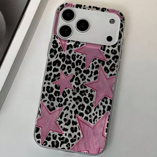 1pc Feather Shell IMD Lens Protection Anti-Drop Black & Pink Leopard Star Pattern Personalized Phone Case Compatible With IPhone 16 Pro Max, 17/16/15/14 Plus/13/12/11, Also Fits Series