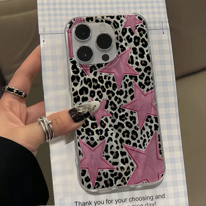 1pc Feather Shell IMD Lens Protection Anti-Drop Black & Pink Leopard Star Pattern Personalized Phone Case Compatible With IPhone 16 Pro Max, 17/16/15/14 Plus/13/12/11, Also Fits Series