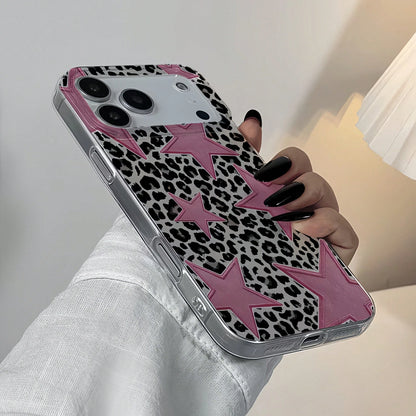 1pc Feather Shell IMD Lens Protection Anti-Drop Black & Pink Leopard Star Pattern Personalized Phone Case Compatible With IPhone 16 Pro Max, 17/16/15/14 Plus/13/12/11, Also Fits Series