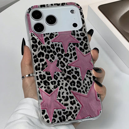 1pc Feather Shell IMD Lens Protection Anti-Drop Black & Pink Leopard Star Pattern Personalized Phone Case Compatible With IPhone 16 Pro Max, 17/16/15/14 Plus/13/12/11, Also Fits Series