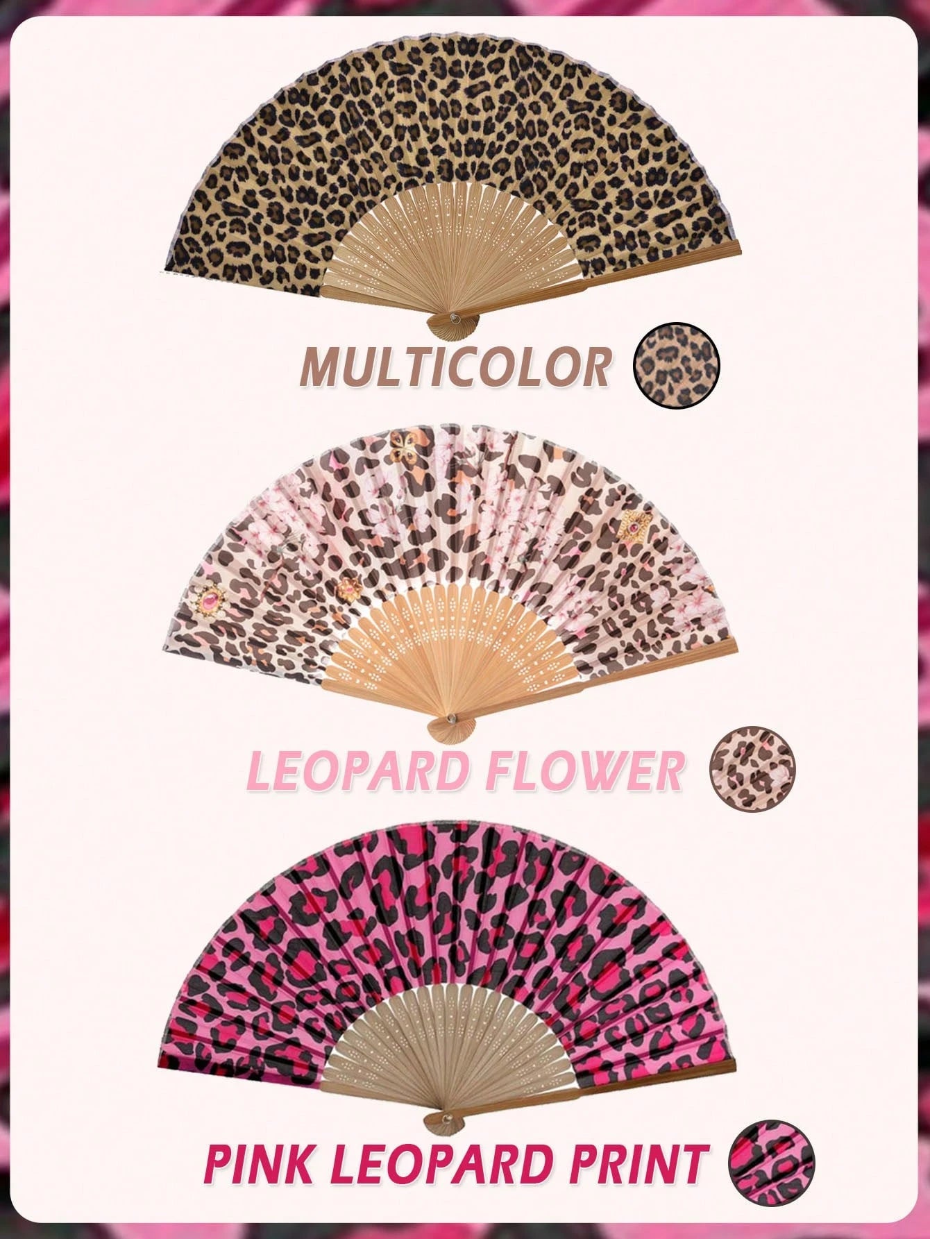 1pc Foldable Bamboo Hand Fan, Fabric Fan Surface, Leopard Print, Suitable For Parties, Weddings, Wall Decor, Gifts