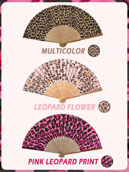 1pc Foldable Bamboo Hand Fan, Fabric Fan Surface, Leopard Print, Suitable For Parties, Weddings, Wall Decor, Gifts
