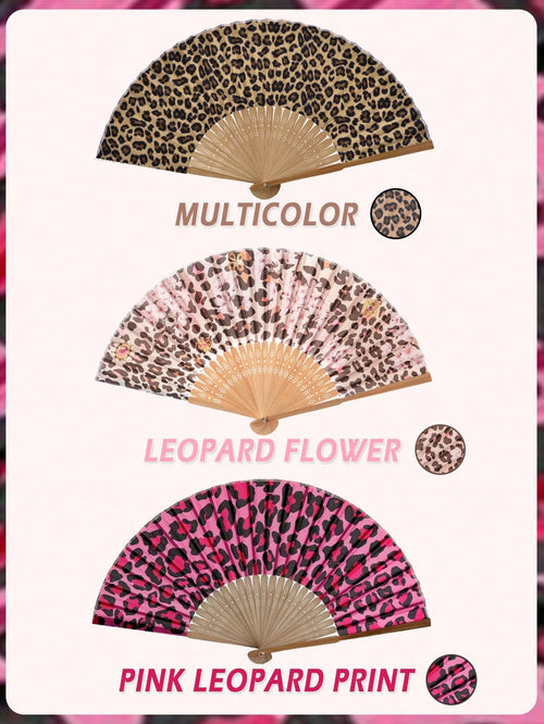 1pc Foldable Bamboo Hand Fan, Fabric Fan Surface, Leopard Print, Suitable For Parties, Weddings, Wall Decor, Gifts