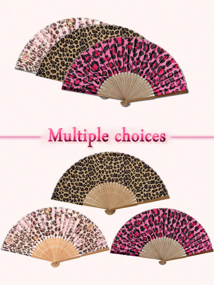 1pc Foldable Bamboo Hand Fan, Fabric Fan Surface, Leopard Print, Suitable For Parties, Weddings, Wall Decor, Gifts