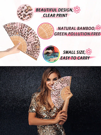 1pc Foldable Bamboo Hand Fan, Fabric Fan Surface, Leopard Print, Suitable For Parties, Weddings, Wall Decor, Gifts