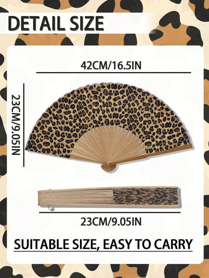 1pc Foldable Bamboo Hand Fan, Fabric Fan Surface, Leopard Print, Suitable For Parties, Weddings, Wall Decor, Gifts