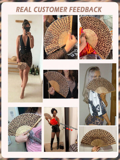 1pc Foldable Bamboo Hand Fan, Fabric Fan Surface, Leopard Print, Suitable For Parties, Weddings, Wall Decor, Gifts
