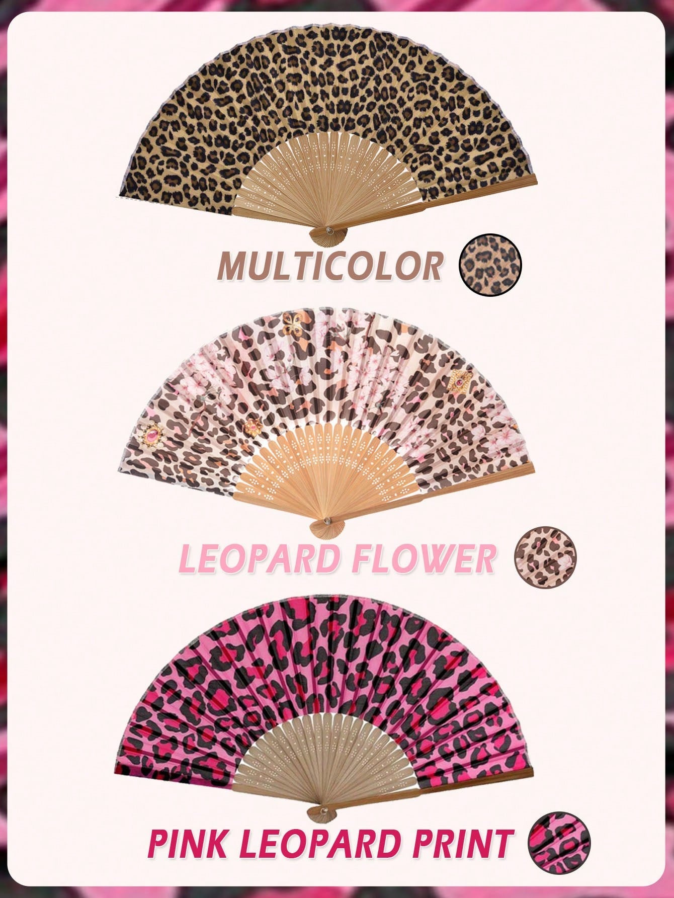 1pc Foldable Bamboo Hand Fan, Fabric Fan Surface, Leopard Print, Suitable For Parties, Weddings, Wall Decor, Gifts