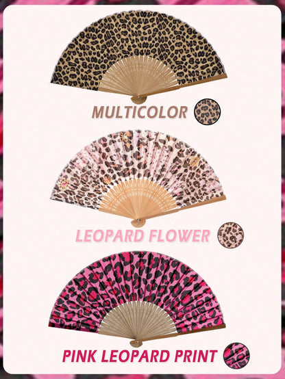 1pc Foldable Bamboo Hand Fan, Fabric Fan Surface, Leopard Print, Suitable For Parties, Weddings, Wall Decor, Gifts