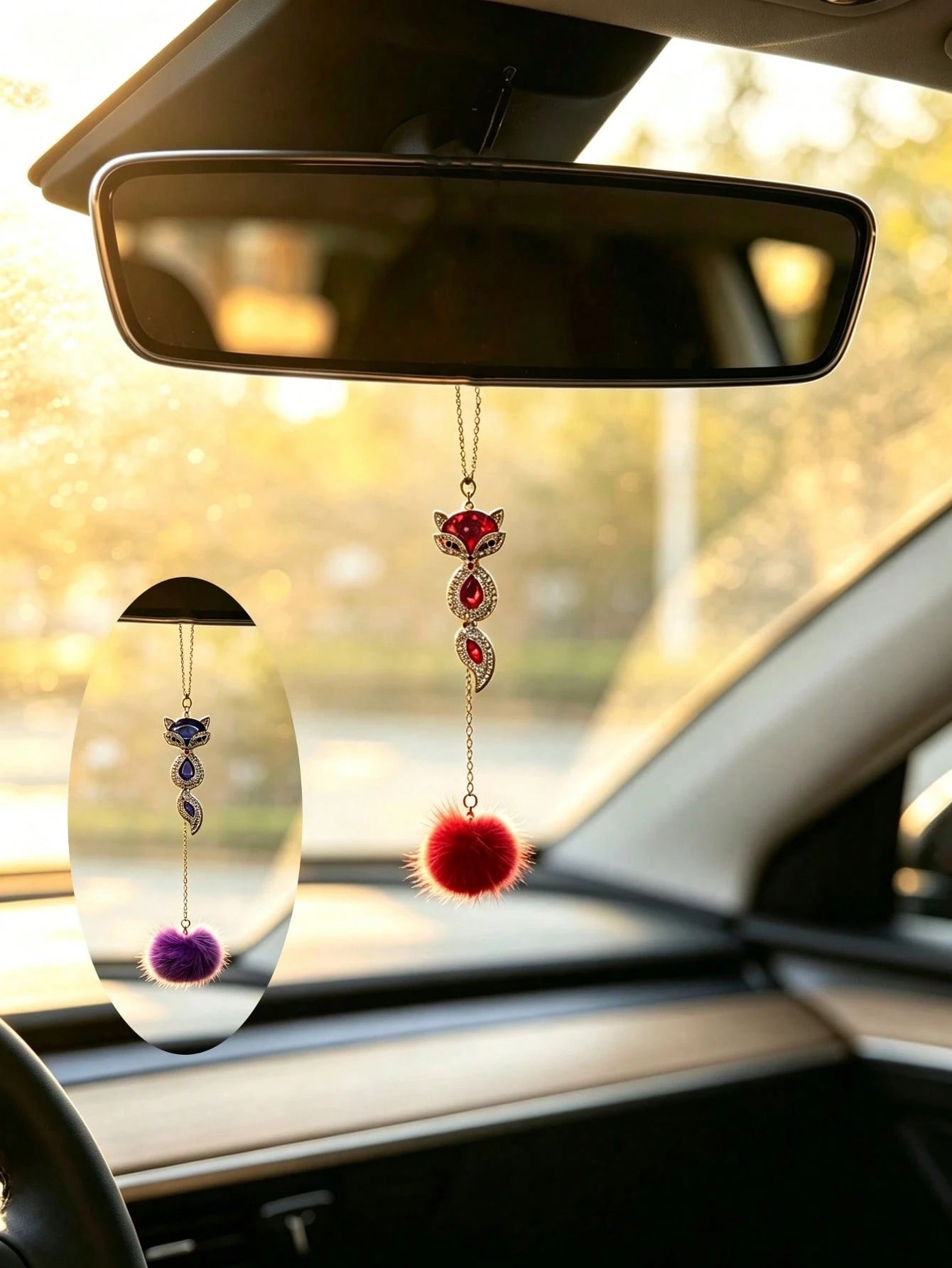 1pc Fox Rhinestone Pendant Pom Pom Car Rearview Mirror Hanging Ornament, Glam Style Auto Interior Decor Vehicle Accessory