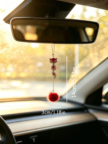 1pc Fox Rhinestone Pendant Pom Pom Car Rearview Mirror Hanging Ornament, Glam Style Auto Interior Decor Vehicle Accessory