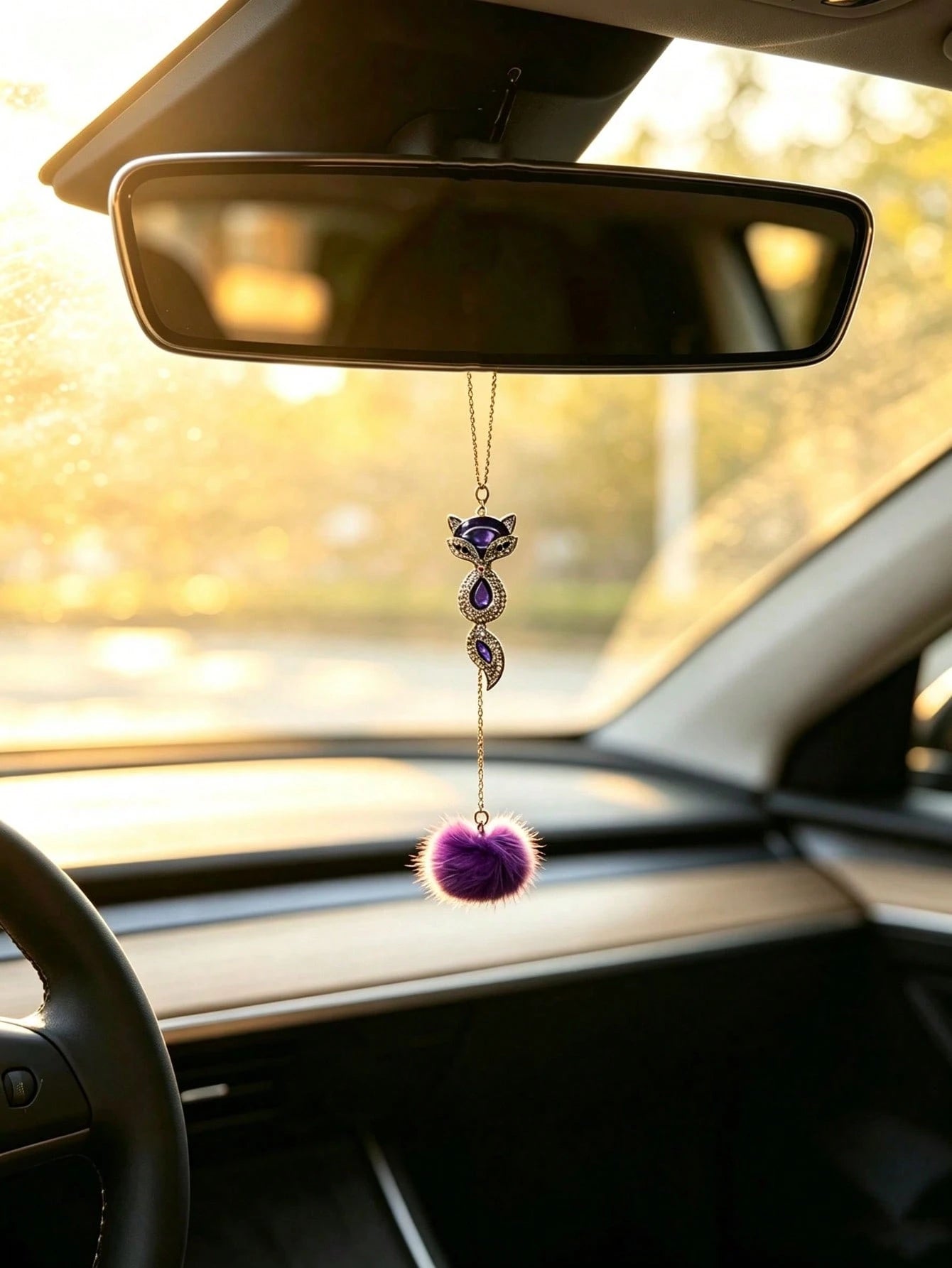 1pc Fox Rhinestone Pendant Pom Pom Car Rearview Mirror Hanging Ornament, Glam Style Auto Interior Decor Vehicle Accessory