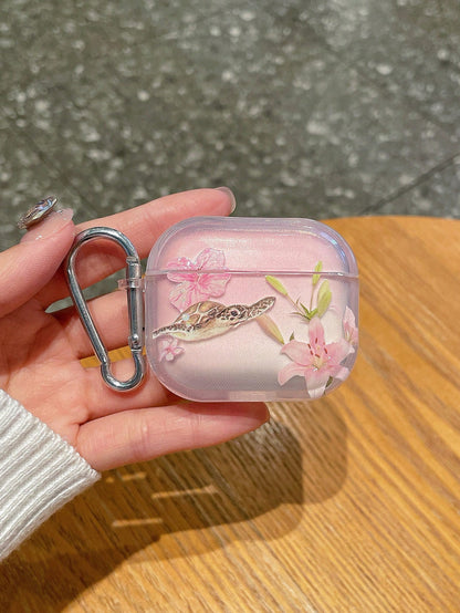 1pc Fresh Lily & Sea Turtle Apple Bluetooth Earphone Case, Transparent Thick Anti-Drop Soft TPU Earphone Cover, With Hanging Hook, Gradient Pink Floral Print, Fits Apple Earphone 1/2/3/Pro/Pro 2 Serie