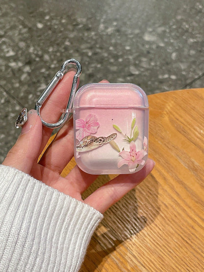 1pc Fresh Lily & Sea Turtle Apple Bluetooth Earphone Case, Transparent Thick Anti-Drop Soft TPU Earphone Cover, With Hanging Hook, Gradient Pink Floral Print, Fits Apple Earphone 1/2/3/Pro/Pro 2 Serie