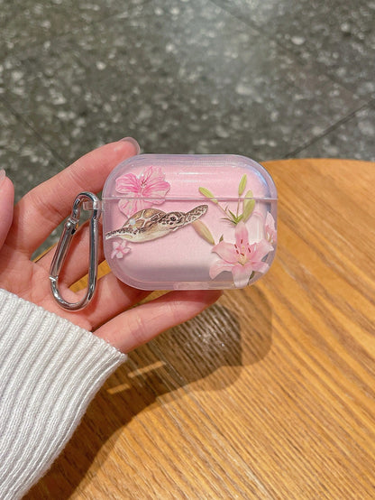 1pc Fresh Lily & Sea Turtle Apple Bluetooth Earphone Case, Transparent Thick Anti-Drop Soft TPU Earphone Cover, With Hanging Hook, Gradient Pink Floral Print, Fits Apple Earphone 1/2/3/Pro/Pro 2 Serie
