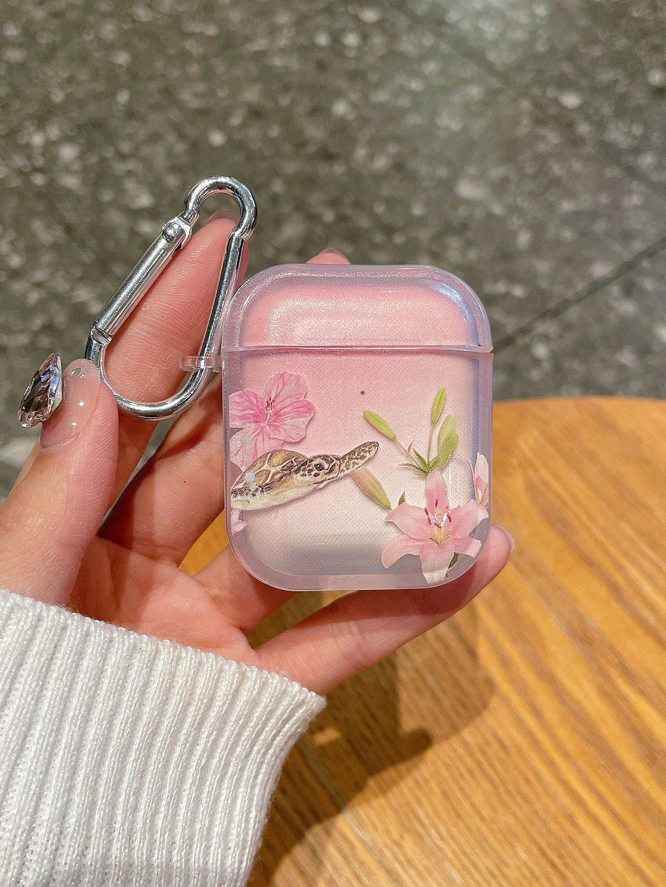 1pc Fresh Lily & Sea Turtle Apple Bluetooth Earphone Case, Transparent Thick Anti-Drop Soft TPU Earphone Cover, With Hanging Hook, Gradient Pink Floral Print, Fits Apple Earphone 1/2/3/Pro/Pro 2 Serie