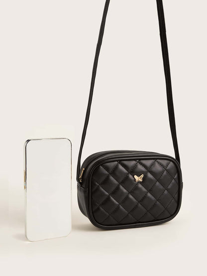 1pc Girls' Black Pu Plaid Stitching & Fashionable Square Shape Crossbody Bag For Everyday Use