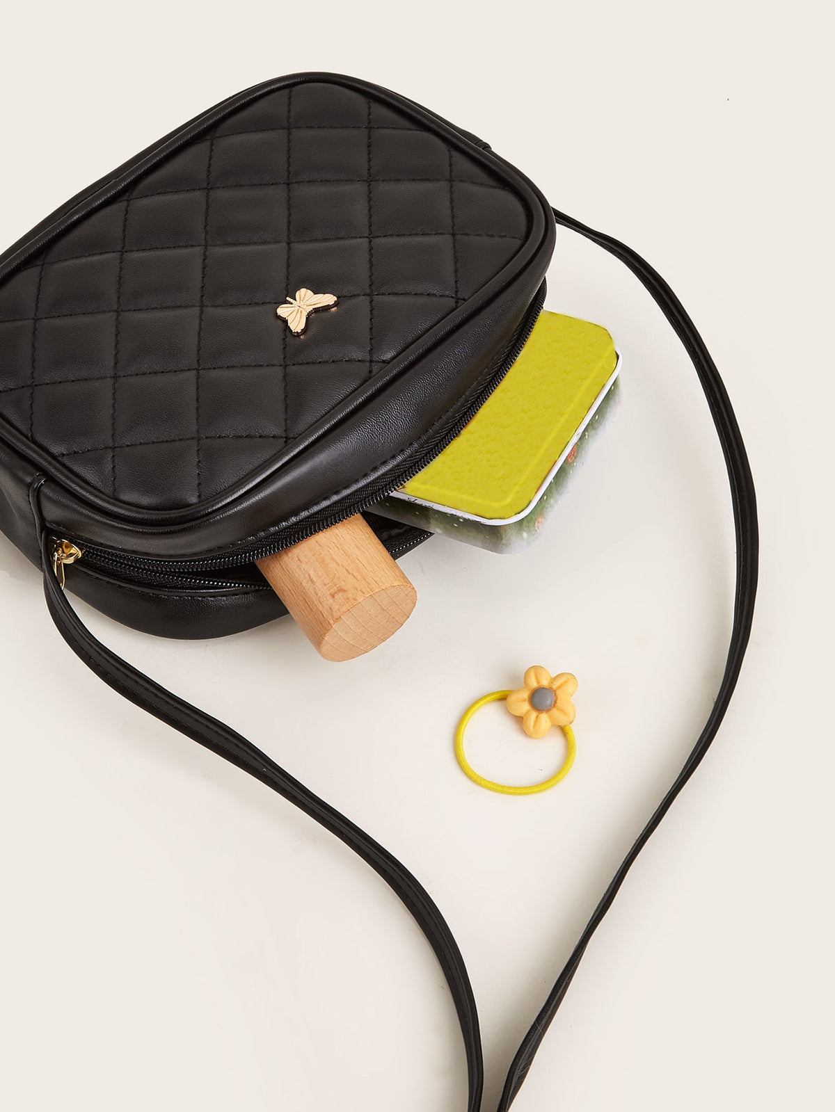1pc Girls' Black Pu Plaid Stitching & Fashionable Square Shape Crossbody Bag For Everyday Use