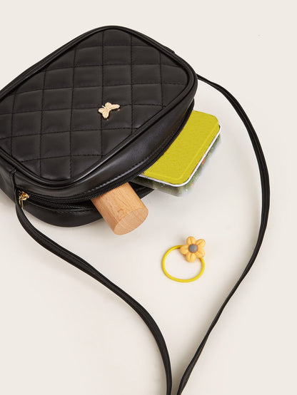 1pc Girls' Black Pu Plaid Stitching & Fashionable Square Shape Crossbody Bag For Everyday Use