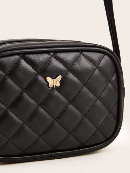 1pc Girls' Black Pu Plaid Stitching & Fashionable Square Shape Crossbody Bag For Everyday Use