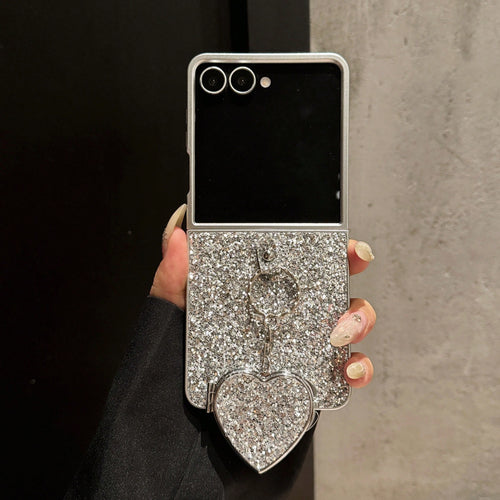 1pc Girls Silver Shell Silver Glitter Heart Mirror Personalized Design Fashion Popular New Folding Phone Case Protective Cover Compatible With Galaxy Z Fold 8 Galaxy Z Fold 8Ultra Galaxy Z Fold 7/6 Ga