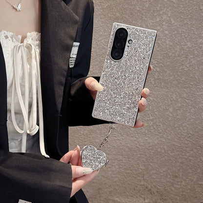 1pc Girls Silver Shell Silver Glitter Heart Mirror Personalized Design Fashion Popular New Folding Phone Case Protective Cover Compatible With Galaxy Z Fold 8 Galaxy Z Fold 8Ultra Galaxy Z Fold 7/6 Ga