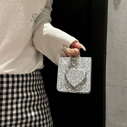 1pc Girls Silver Shell Silver Glitter Heart Mirror Personalized Design Fashion Popular New Folding Phone Case Protective Cover Compatible With Galaxy Z Fold 8 Galaxy Z Fold 8Ultra Galaxy Z Fold 7/6 Ga