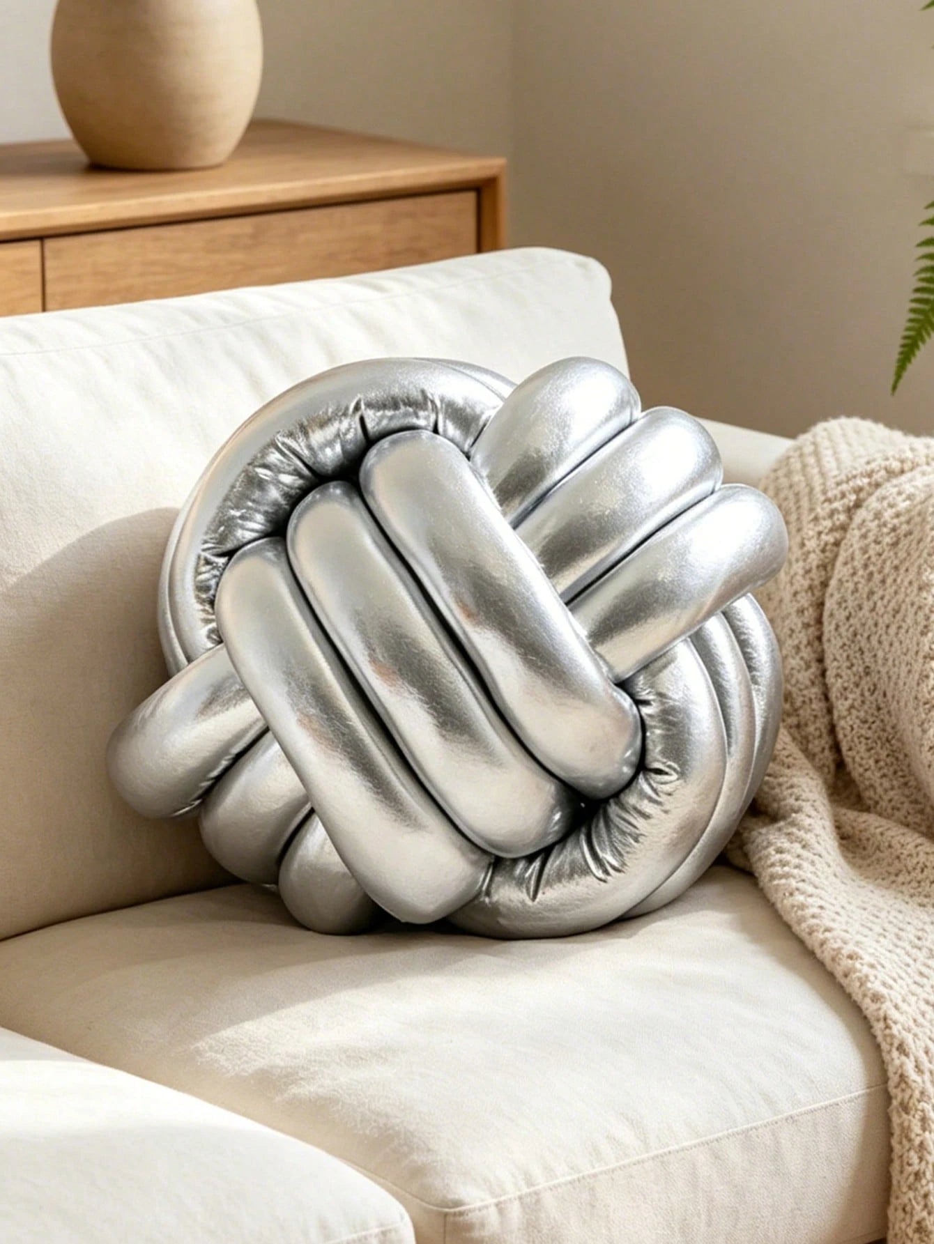 1pc Glossy Handmade Knotted Ball Throw Pillow, Decorative Cushion Suitable For Sofa, Bedroom, Luxury Home Decor, Gold