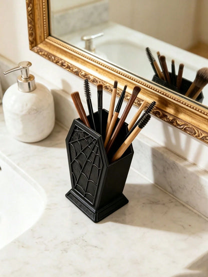 1pc Halloween Spider Web Storage Rack, Multi-Functional Makeup Brush Holder, Freestanding Desktop Organizer, Coffin Shaped Desktop Makeup Brush Holder, Suitable For Vanity Or Office Decor, Halloween A